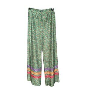 Vintage High-Waisted Green Floral Pants With Rainbow Striped Hem & Side Zipper
